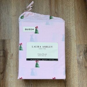 Laura Ashley Pink Gingham and Green Christmas Tree Queen Sheet Set NWT